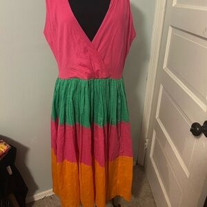 Pedro Miralles Casual Green and Pink V-Neck Midi Sundress